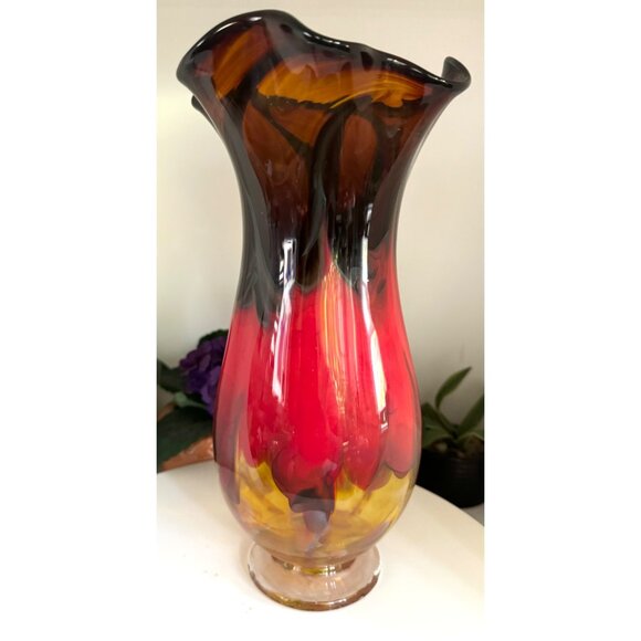 Hand-Blown Signed Art Glass Vase With Swirling Red & Yellow Design